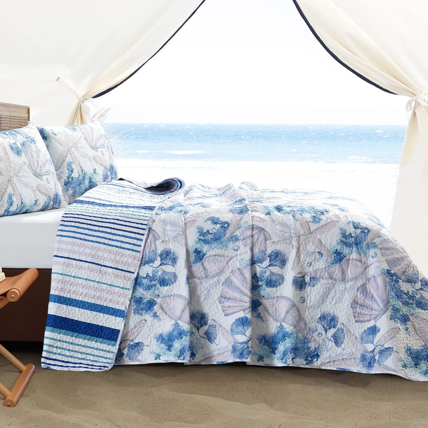 NIUDÉCOR HOME Reversible Bedspread Quilt Set Twin Size Summer Ocean Quilt Coverlet Lightweight Microfiber Stripe Bedding Set - A Perfect Addition to Your Bedroom
