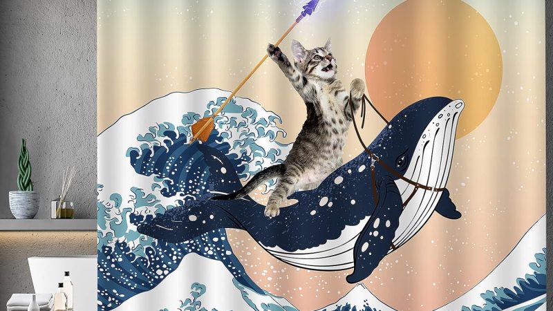 Aimego Funny Shower Curtain Brave Cat Holding Trident Arrow Riding Shark in Ocean Wave Review