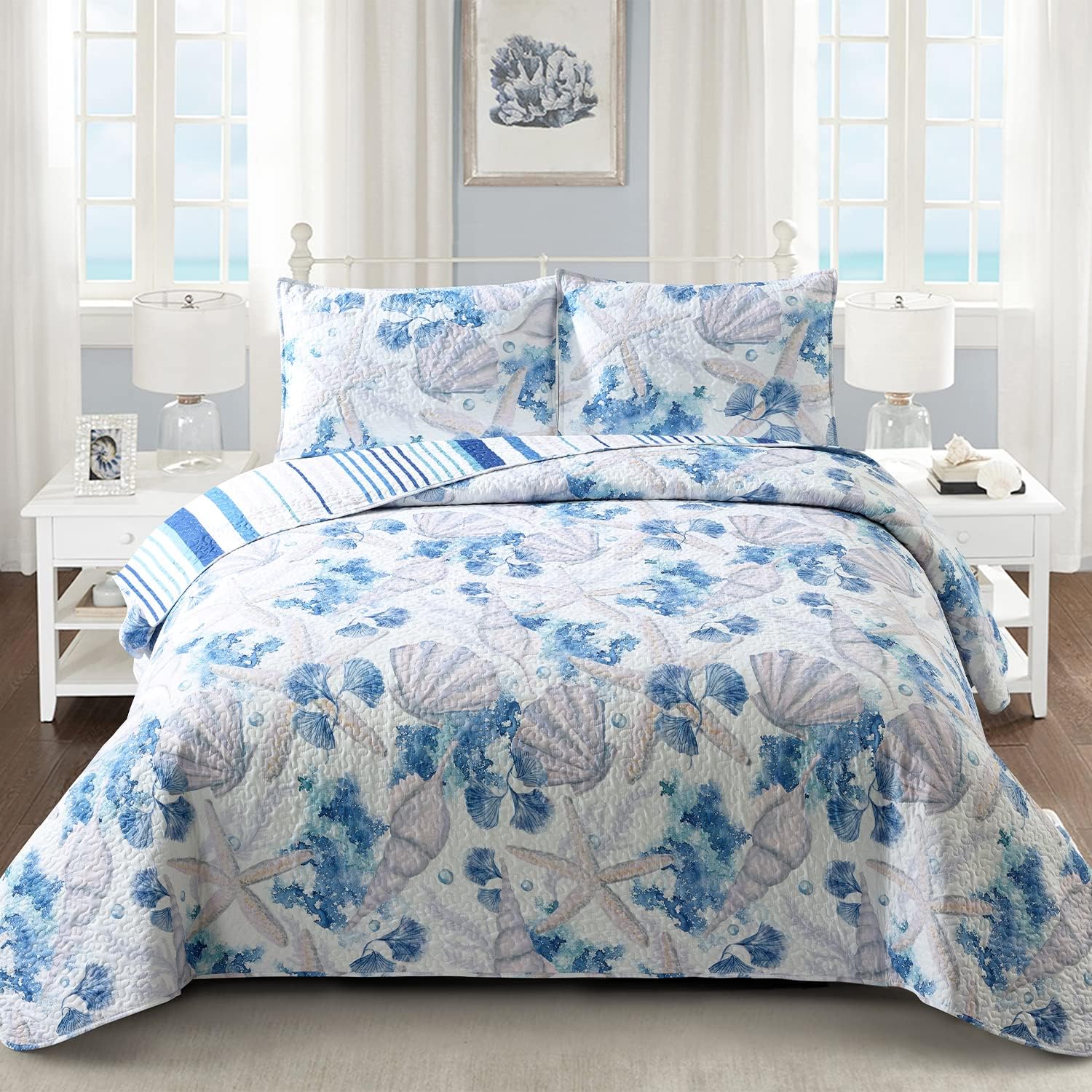 NIUDÉCOR HOME Reversible Bedspread Quilt Set Twin Size Summer Ocean Quilt Coverlet Lightweight Microfiber Stripe Bedding Set - A Perfect Addition to Your Bedroom